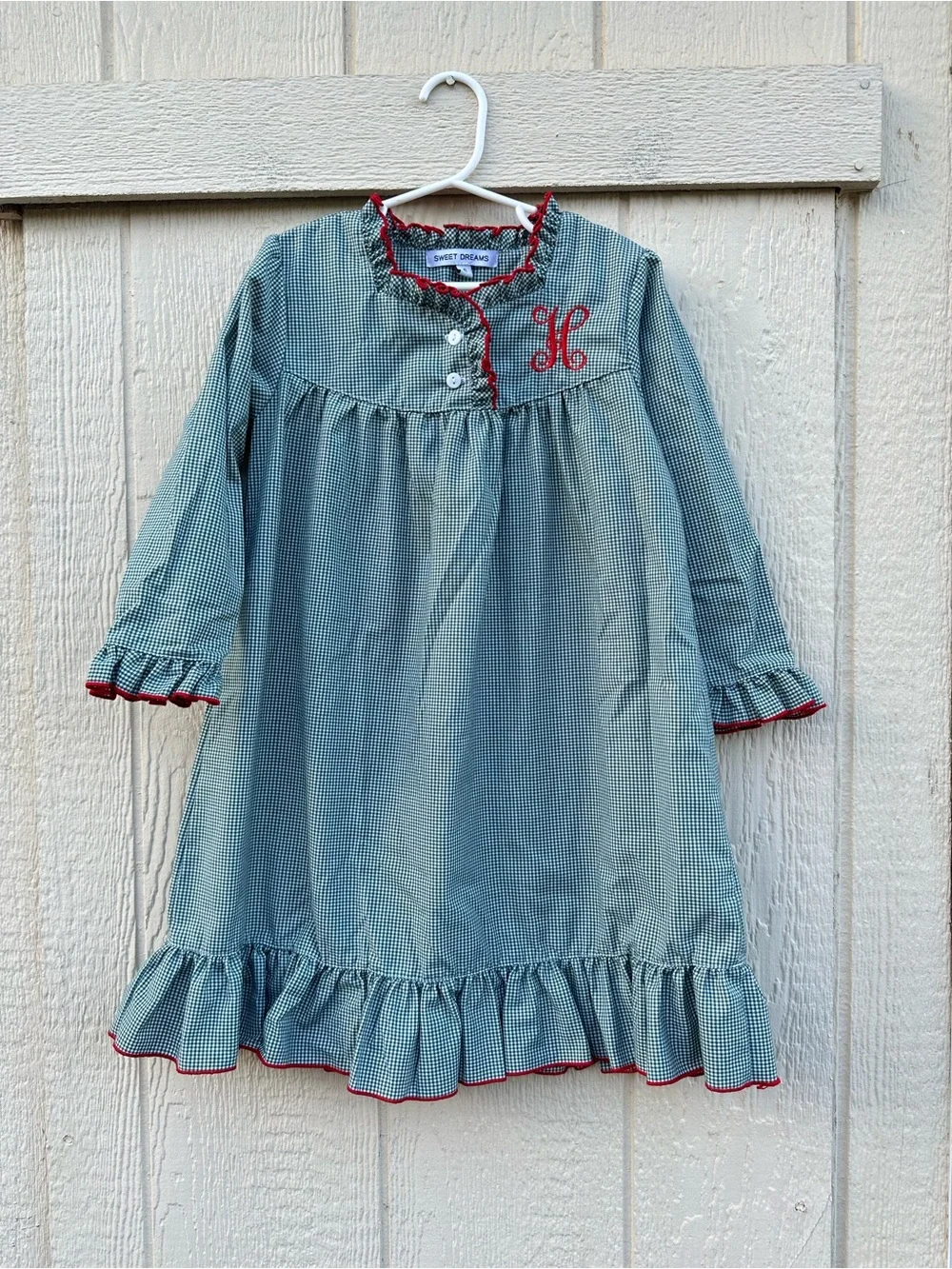 Sweet Dreams Green Gingham Nightgown with Red Trim and Monogram
